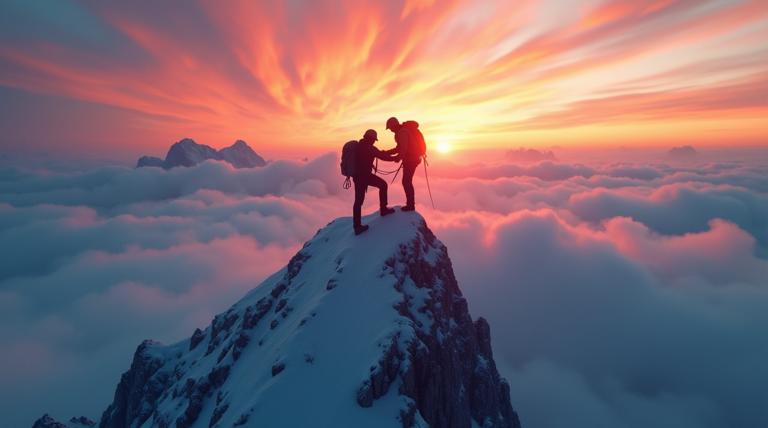 Alpinistes au sommet d'une montagne au coucher.